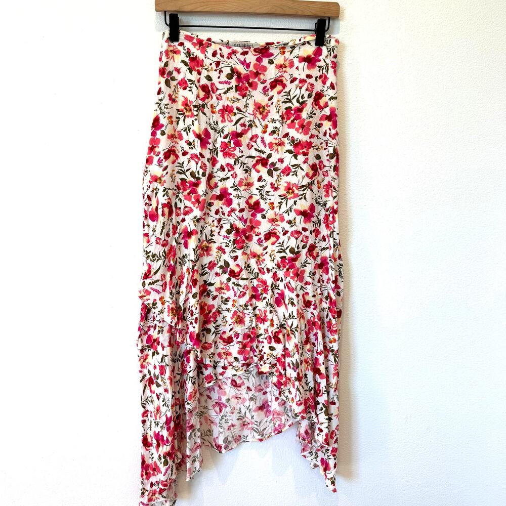 Cellecci Floral Ruffle High-Low Cotton Midi Skirt Pink & White - Small Boho